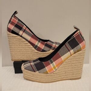 NEW Polo Ralph Lauren  Madras Print Slip On Wedge Espadrille Square Toe  SZ-8